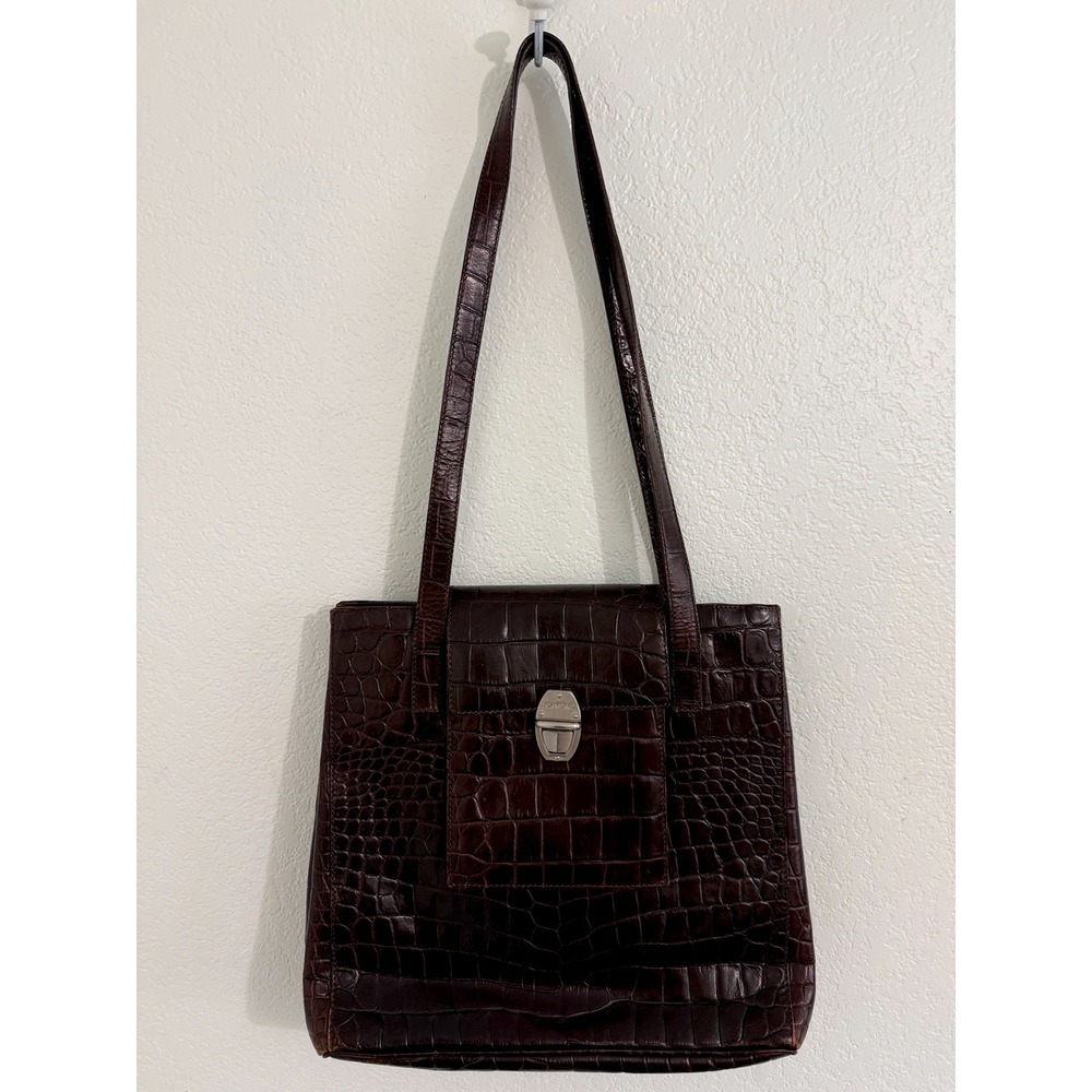 Joan & David Brown Croc Embossed Chocolate Brown Leather Shoulder Bag